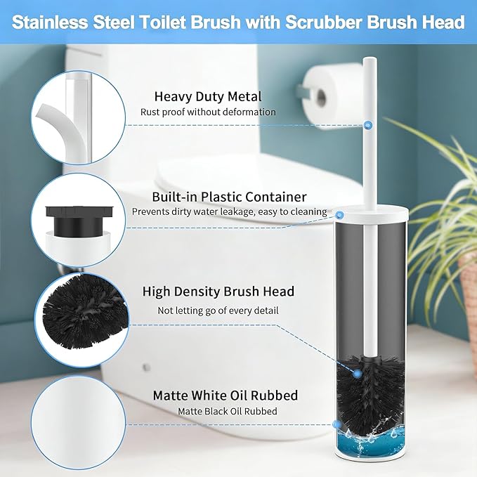 Stainless Steel Toilet Brush and Holder Set Brushed Silver Heavy Duty Toilet Bowl Brush with Long Handle for Bathroom and Farmhouse (White)