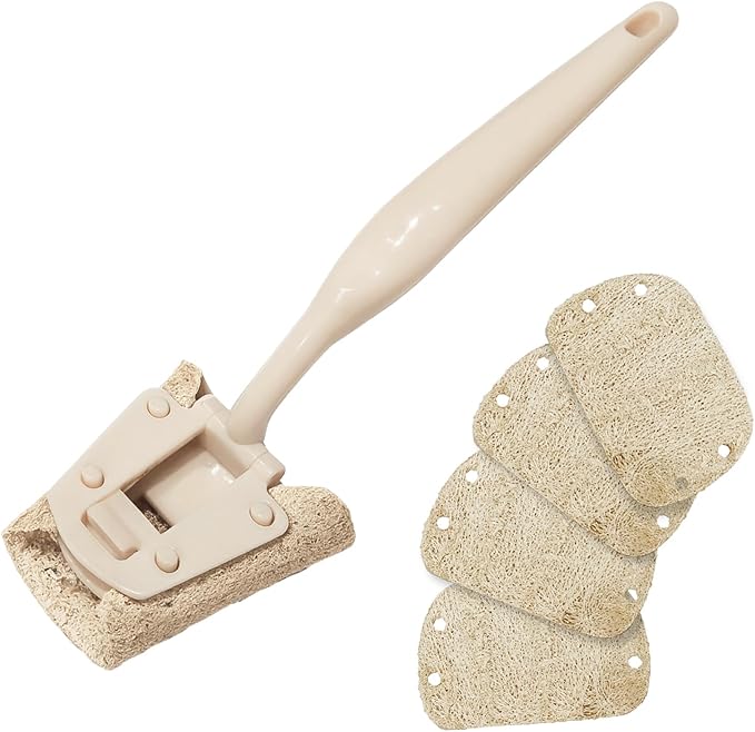 Natural Loofah Sponge with Handle, 5-Piece Replaceable Eco Sponges for Cleaning, Non-Scratch Scrubber for Dishwashing Cookware Pans, Kitchen Eco-Friendly Tools (10)