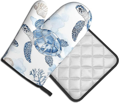 Navy Blue Ocean Sea Turtle Oven Mitts and Pot Holders Sets of 2 Summer Gift for Cooking Enthusiasts Coastal Beach Nautical Coral Kitchen Gloves for Baking BBQ Cooking Grilling Decor