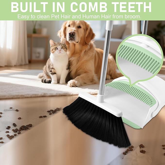 BSKLIN Broom and Dustpan Set, Broom with Dustpan Combo Set with Teeth to Clean Pet Hair 52-in Long Adjustable Handle Broom for Home Office Kitchen Lobb (Green)