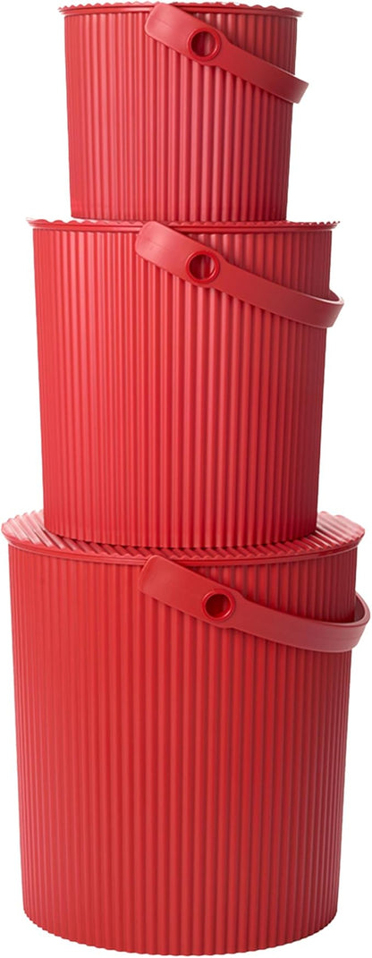 Hachiman Bucket Set of 3 - Includes Mini, Large, and Extra Large Heavy Duty Buckets with Lid and Handle - Hands-Free Filling - Easy to Stack and Store - Indoor Outdoor Use - Red