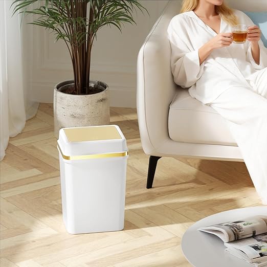 3 Pack Bathroom Trash Can with Lid 4 Gallon Small Trash Can with Press Top Lid White and Gold Bathroom Garbage Can with 150 Counts Trash Bags for Kitchen Bedroom Office