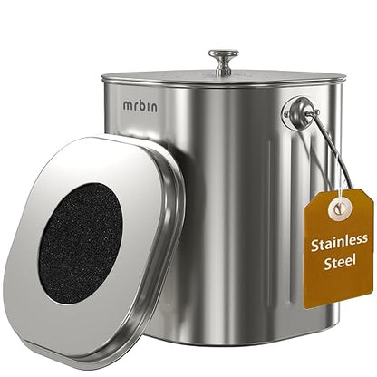 MRBIN Stainless Steel Kitchen Compost Bin Countertop Trash Can with Lid and Charcoal Filter, Metal Small Indoor Rubbish Dustbin for Food Waste Recycle
