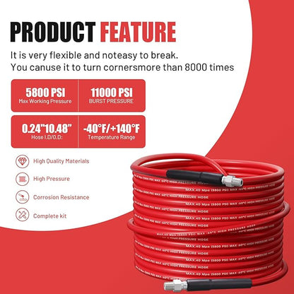 100FT Sewer Jetter Kit for Pressure Washer,1/4 Inch NPT Corner Max Working Pressure Drain Cleaner Hose 5800 PSI Sewer Blasting Hose 4 Sewer Blasting Nozzles