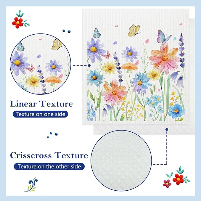 5 Pack Mixed Watercolor Flower Swedish Kitchen Dishcloths Dish Towels, Spring Floral Dish Towels for Kitchen, Swedish Dishcloth, Paper Towels Reusable, Dish Cloth Towel Cleaning Wipe for Home