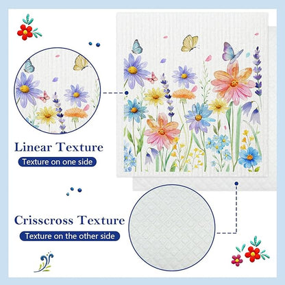 5 Pack Mixed Watercolor Flower Swedish Kitchen Dishcloths Dish Towels, Spring Floral Dish Towels for Kitchen, Swedish Dishcloth, Paper Towels Reusable, Dish Cloth Towel Cleaning Wipe for Home