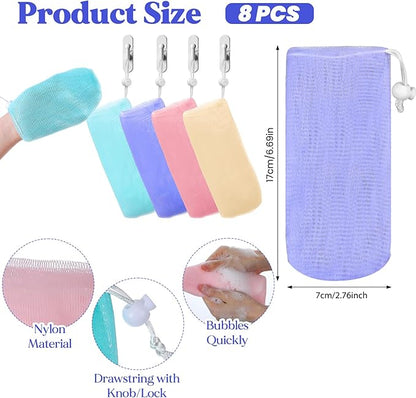 8 Pcs Exfoliating Mesh Soap Bag, Multicolor Soap Saver Pouch with Drawstring Reusable Bubble Soaps Scrubber Pouch Portable Body Cleaning Tool for Shower Body Facial Cleaning