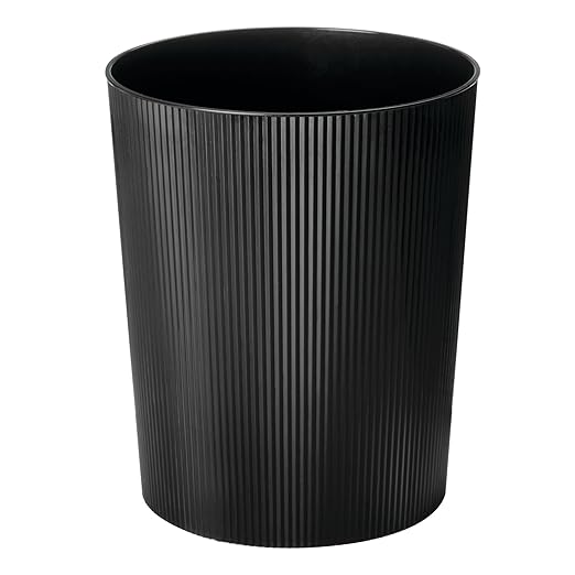 iDesign Small Round Plastic Bathroom Trash Can - Fluted Trash Can for Bathroom, Bedroom, or Office - Black