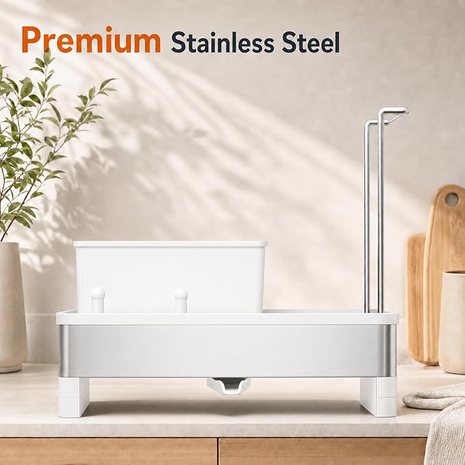 Laveshop Sponge Holder for Kitchen Sink, Rustproof Stainless Steel Sink Caddy with Auto-Drain, Removable Brush Holders, Soap and Dishcloth Organizer, White