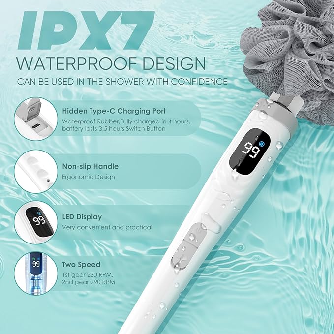 Electric Body Brush Back Scrubber for Shower, Waterproof Long Handle Power Body Scrubber with 3 Heads & 2 Speeds, Rechargeable Bath Brush for Cleansing, Exfoliating, Massaging and Foot Callus Remover