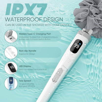 Electric Body Brush Back Scrubber for Shower, Waterproof Long Handle Power Body Scrubber with 3 Heads & 2 Speeds, Rechargeable Bath Brush for Cleansing, Exfoliating, Massaging and Foot Callus Remover