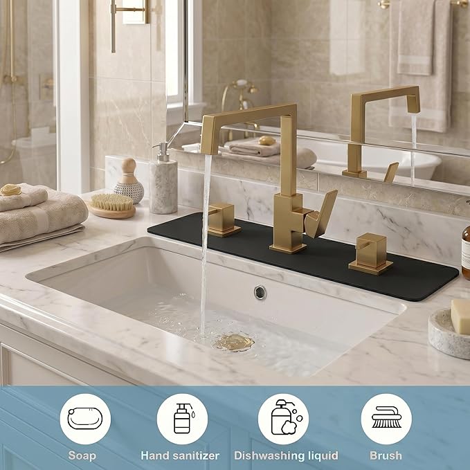 2PCS Faucet Mat for Bathroom Sink 3 Square Holes: 18’’Lx5.5’’W Splash Guard for 8 Inch Widespread Faucet - Trimmable Absorbent Non-slip Drip Catcher for Irregular Bathroom Vanity & Kitchen Sink