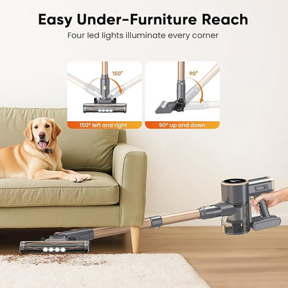 N12S Cordless Vacuum Cleaner, 30KPa Powerful Vacuum with 60 Mins Runtime, Self-Standing, LED Display, Rechargeable Lightweight Handheld Vacuum Cleaners (Gold)