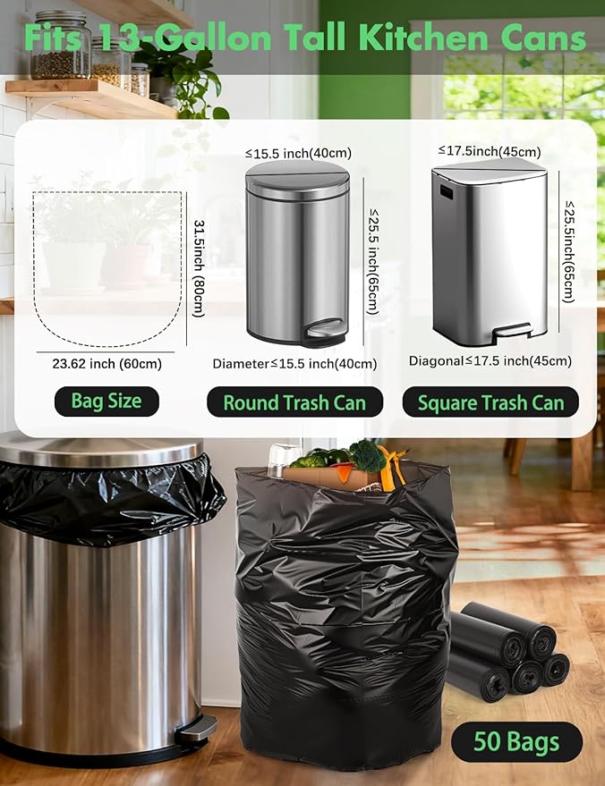 13-Gallon compostable Trash Bags: 50 Count Biodegradable Garbage Bags for tall kitchen trash can Liner, Thick Unscented, Tear & Leak Proof for Food Waste/bathroom/Garden, Black