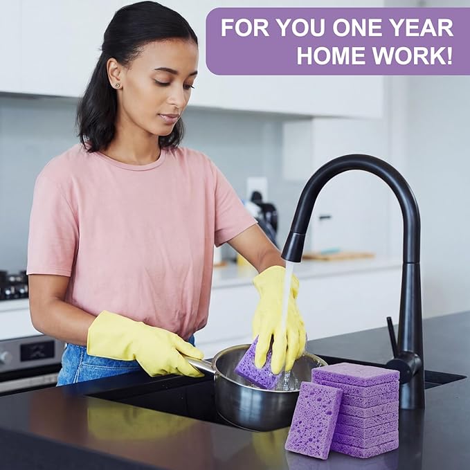 Zhengmy 48 Pieces Sponges Bulk Sponges Kitchen Compressed Sponge Natural Dish Sponge Compressed Wood Pulp Cleaning Without Scratching for Kitchen Bathroom, 3.9 x 2.4 x 0.12 Inch (Purple)