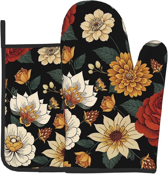 Boho Floral Oven Mitts and Pot Holders Sets of 2 Vintage Kitchen Mitts Bohemian Flower Hot Pads for Cooking Baking Grilling