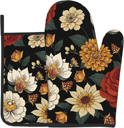 Boho Floral Oven Mitts and Pot Holders Sets of 2 Vintage Kitchen Mitts Bohemian Flower Hot Pads for Cooking Baking Grilling