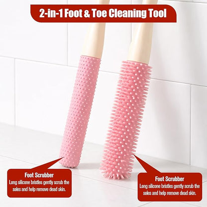 2 Pack Toe Cleaning Brush - Long Handled Portable Silicone Gap Brushes, Soft Rubber Exfoliating Foot Scrubber for Bath Shower, Crevice Gentle Cleaner for Seniors Elderly Men & Women Feet Scrub, Pink