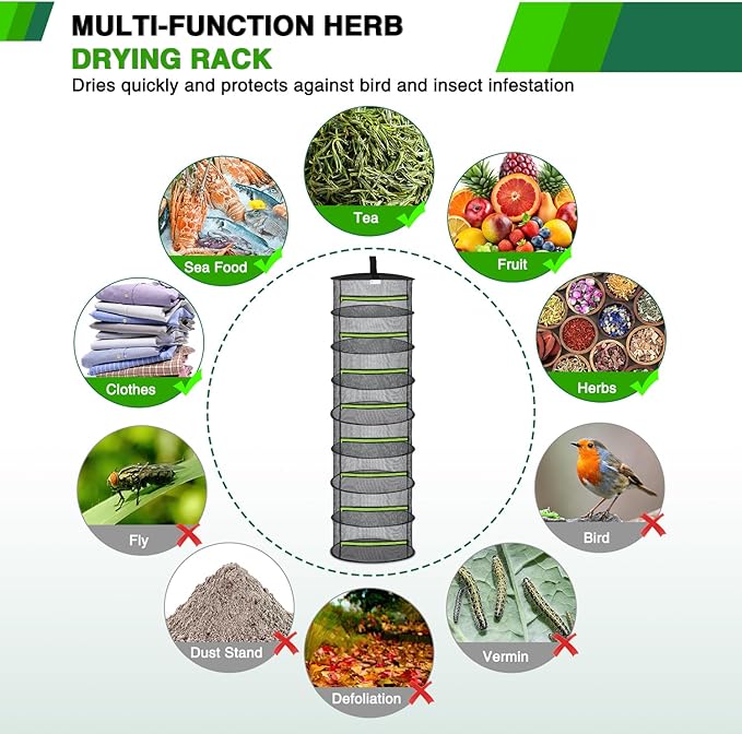 Yesker 8 Layer Herb Drying Rack Hanging Mesh Foldable Plant Drying Racks 24" w Green Zipper Pruning Shears Gloves Dryer Hanging Rack for Herbs Seed Bud Fruit Clothes Grow Tent Closets Garden Outdoor
