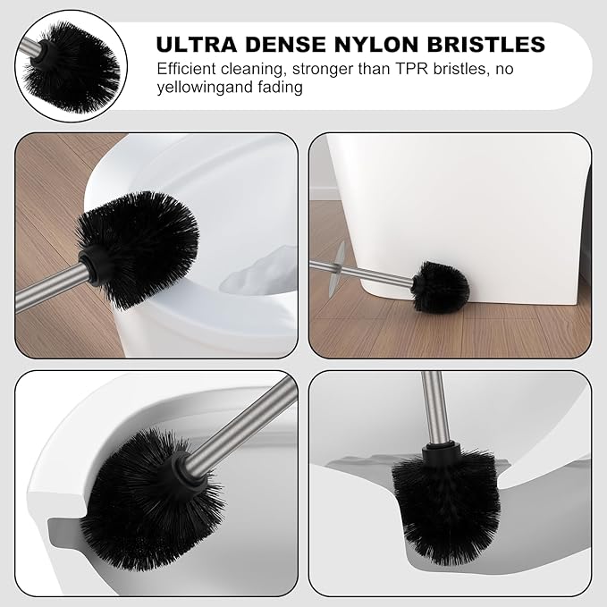 Stain Nickel Toilet Brush and Holder Set，2 Pack Stainless Steel Heavy Duty Toilet Bowl Brush，Extra Long Handled Toilet Cleaner Brush with Replaceable Head, Removable Inner Bowl & Splash Protection