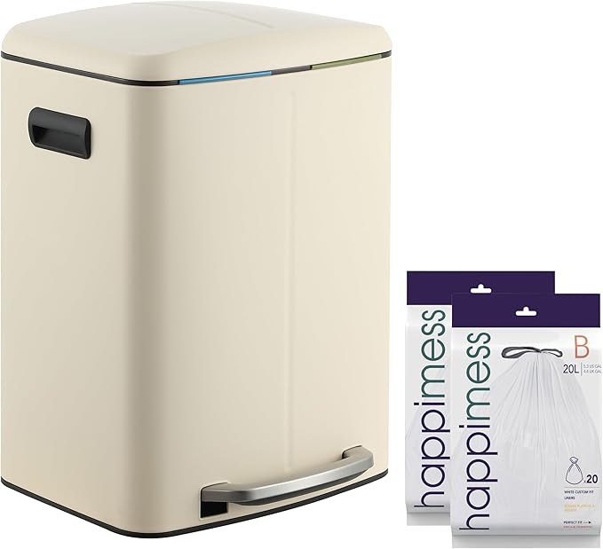 happimess HPM1005F Marco Rectangular 10.6-Gallon Double Bucket Trash Can with Soft-Close Lid, Limestone Beige, Fingerprint Resistant, Modern, Minimalistic for Home, Kitchen, Office, Bedroom, Bathroom