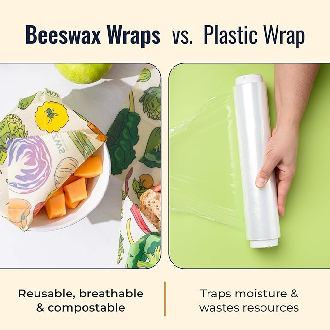Beeswax Wraps, Reusable Cotton Food Storage Set for Kitchen, Lunch, Bread, Snacks, Bowls. Eco-Friendly Plastic-Free Alternative. 3-Pack Assorted - Veggies by Zero Waste Store