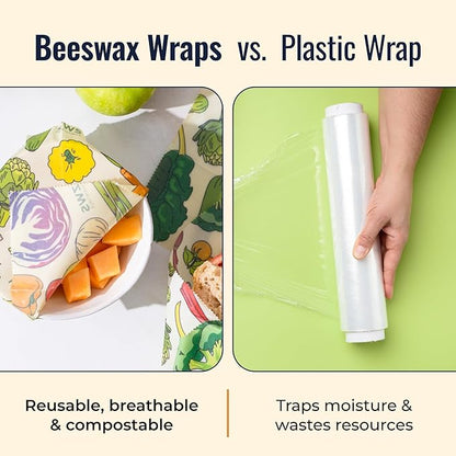 Beeswax Wraps, Reusable Cotton Food Storage Set for Kitchen, Lunch, Bread, Snacks, Bowls. Eco-Friendly Plastic-Free Alternative. 3-Pack Assorted - Veggies by Zero Waste Store