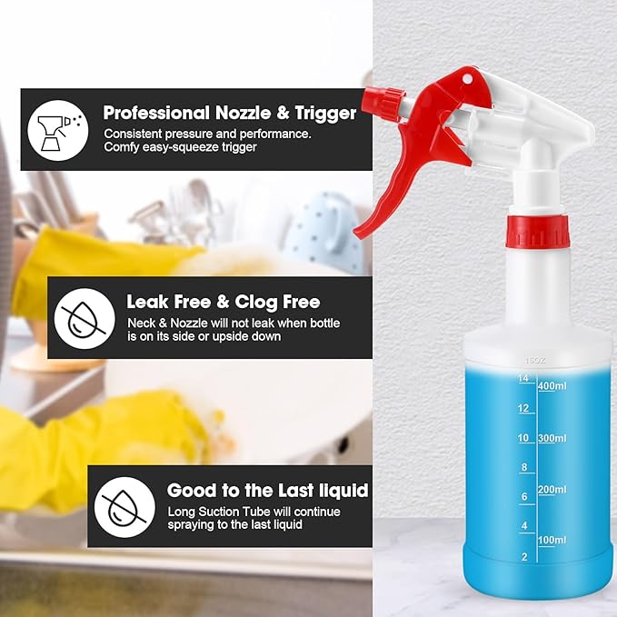 Eccliy 12 Pcs 16 Oz Plastic Spray Bottle, Adjustable Empty Reusable Sprayer for Cleaning, Planting, Water, Bathroom and Kitchen, BBQ, Commercial and Residential (Measurment,Red)