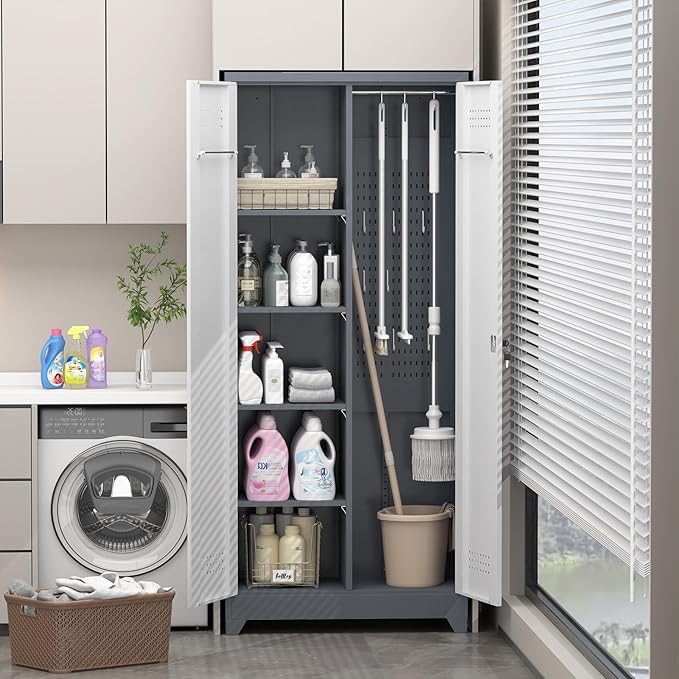 Broom Closet, 72" Broom Closet Storage Cabinet with Lock, Metal Tool Storage Cabinets with Pegboard, Cleaning Supply Storage Cabinets with Shelves for Home, Garage, Utility Room, Greywhite