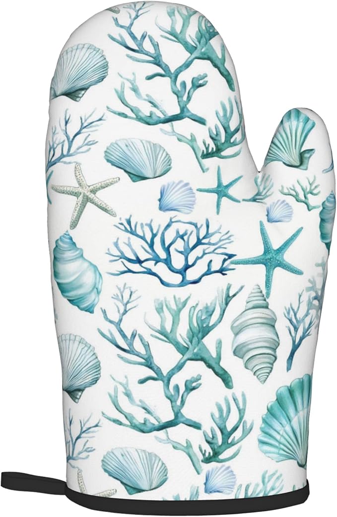 Nautical Oven Mitts and Pot Holders Sets Coastal Kitchen Mitts Potholders 2PCS Summer Starfish Seashell Coral Beach Oven Gloves Hot Pads for BBQ Grilling
