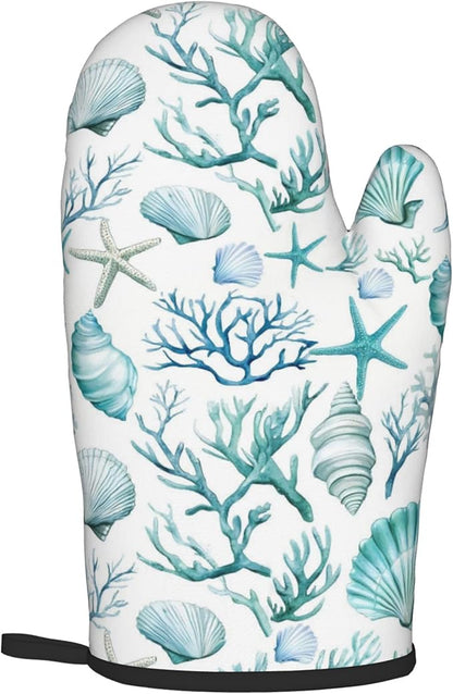 Nautical Oven Mitts and Pot Holders Sets Coastal Kitchen Mitts Potholders 2PCS Summer Starfish Seashell Coral Beach Oven Gloves Hot Pads for BBQ Grilling