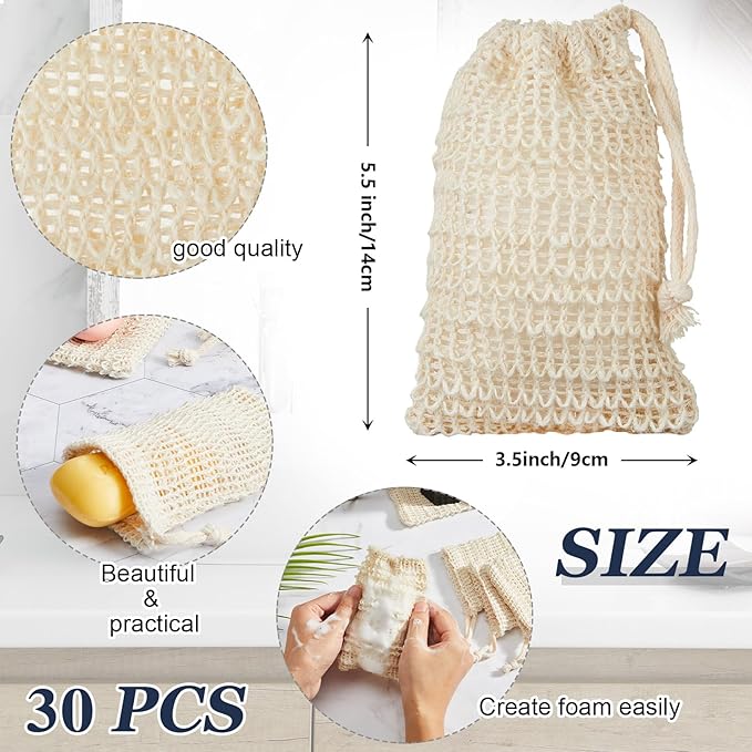 Rtteri 60 Pcs Soap Saver Bags & Bamboo Soap Holder Set Exfoliating Sisal Soaps Washing Bags Self Draining Wooden Bar Soaps Dish for Shower Bath Toilet Kitchen Restaurant