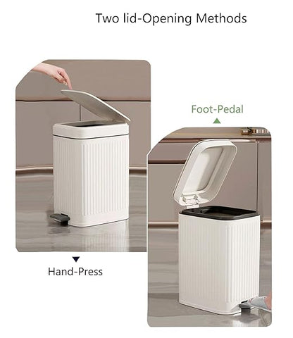 Feisco Small Trash Can with Lid,Small Bathroom Trash Can with Foot Pedal and Press Type Lid,Slim Step-On Trash Bin Wastebasket Garbage Can for Kitchen,Bathroom Office, Bedroom (White, 1.8 Gallon)