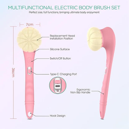 VOYOR Electric Body Brush Back Scrubber Silicone Body Scrubber Two-Way Rotating Brush Head for Deep Cleaning, Exfoliation, 4 Attachments Long Handle IPX6 Rechargeable Shower Brush BC300 (Pink)