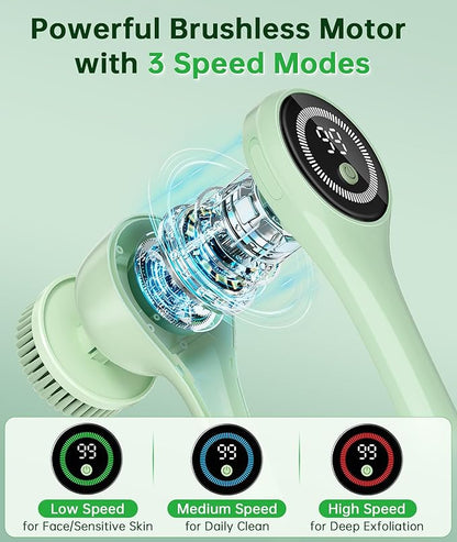 Electric Body Brush Back Scrubber for Shower, Waterproof Long Handle Power Auto Body Scrubber with 5 Heads, 3-Speed Rechargeable Bath Brush for Women, Men, Deep Cleansing, Exfoliating, Massage Skin