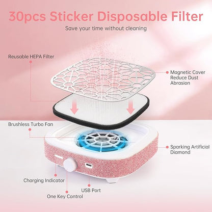 Nail Dust Collector, Cordless Dust Collector Nail Tech, Compact Powerful 6000RPM Nail Vacuum Fan Rechargeable Dust Extractor for Acrylic Gel Polish Manicure Pedicure for Home, Pink