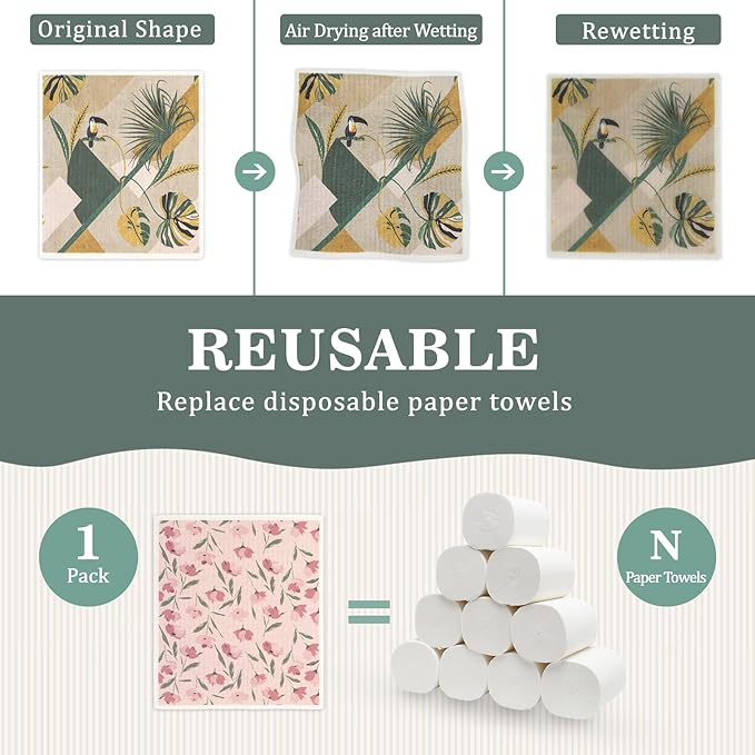 YoulerTex Swedish Dishcloths Dish Towels Set: 6 Packs Cellulose Sponge Cloths Reusable Cleaning Cloths for Kitchen Absorbent Reusable Paper Towels Dish Cloth Non-Scratch No Odor (Fruit Flower)