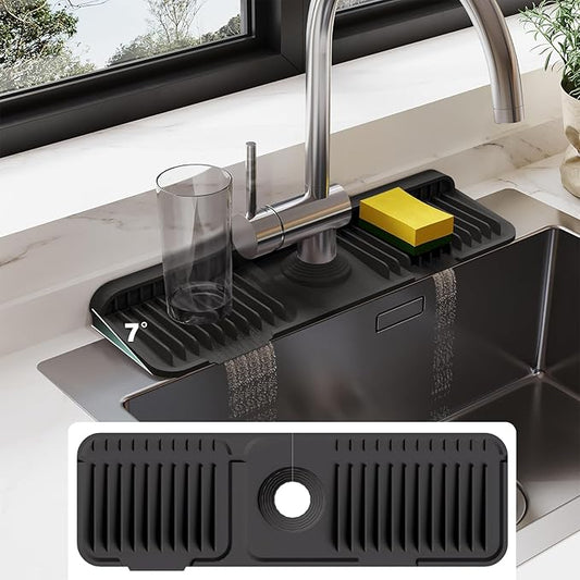 24 Inch Silicone Faucet Mat for Kitchen Sink Splash Guard - 7° Slope Water Draining Mat With Fasten Button for Bathroom Area (Black, 17.7''x5.5'')