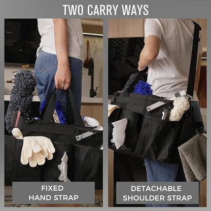 SCAVATA Wearable Cleaning Caddy Organizer with Handle & Shoulder Straps for Housekeepers, Under Sink & Car Cleaning Tool Organizer Bag with 4 Foldable Dividers (Black)