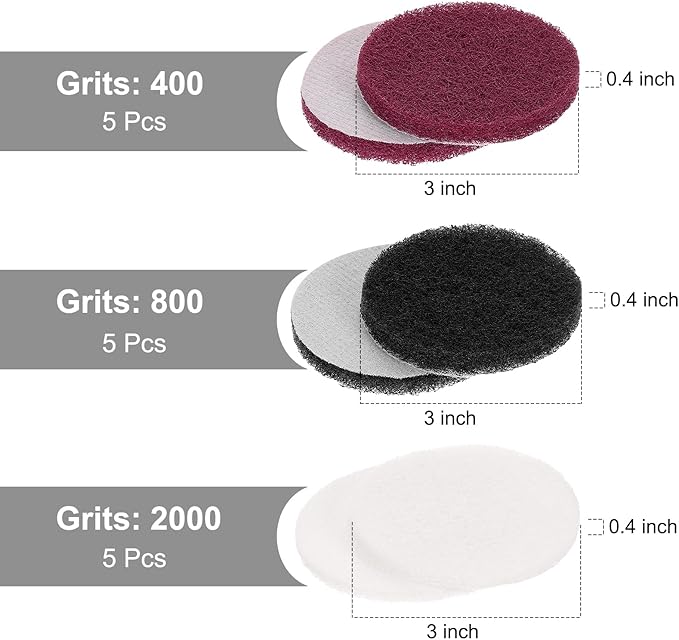 uxcell 15 Pcs 3 Inch Nylon Hoop Scrubbing Pad 400/800/2000 Grits Scrubber Scouring Pads Hoop and Loop Surface Conditioning Drill Scuffing Disc, Red/Grey/White