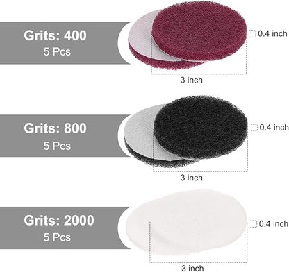 uxcell 15 Pcs 3 Inch Nylon Hoop Scrubbing Pad 400/800/2000 Grits Scrubber Scouring Pads Hoop and Loop Surface Conditioning Drill Scuffing Disc, Red/Grey/White