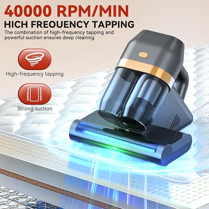 Mattress Cleaner, Bed Vacuum Cleaner with 149°F Heat, 16KPa Powerful Suction, 253.7nm U V-C Light, 40,000 RPM Brushroll, HEPA Filter, Dual 400ml Dust Cups for Sofa, Pet Hair, Wired Corded