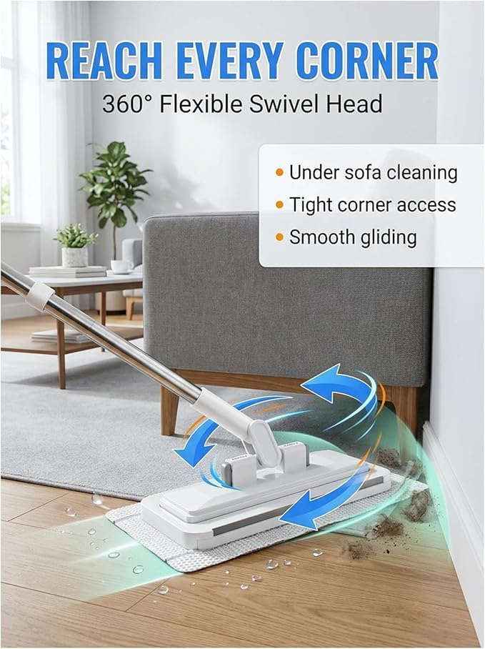 Hands-Free Multi-Purpose Flat Mop – Lazy Cleaning & Face Towel Compatible 39in Long Handle Dust with Locking Head for Wall Bathroom Toilet Corners Multi-Surface