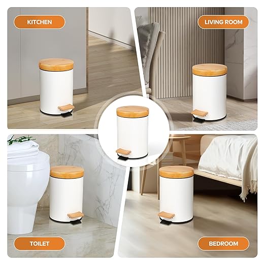 Small Bathroom Trash Can with Natural Bamboo Lid Soft Close，3 Liter / 0.8 GallonStainless Steel Garbage Can with Removable Inner Bucket andStep Pedal（White）