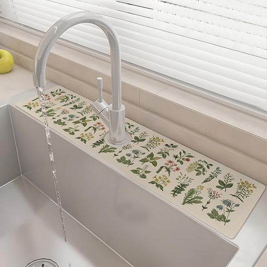 24" X 5.5" Kitchen Sink Splash Guard Faucet Mat Floral Super Absorbent Fast Drying Faucet Guard & Draining Mat Sink Splash Guard Behind Faucet for Kitchen, Bathroom