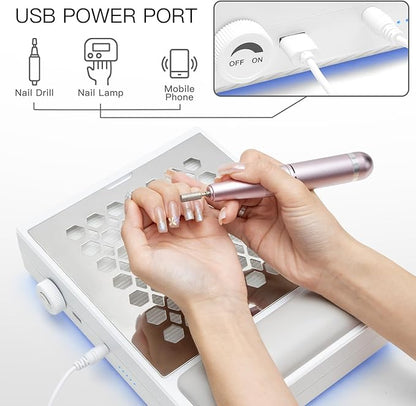 Madenia Powerful Nail Dust Collector - Brushless Quiet Vacuum Suction Fan Extractor with Hand Pillow 2 Filters 1 Brush, Nail Dust Cleaner Machine for Acrylic Gel Nail Polishing Nail Tech Use, White