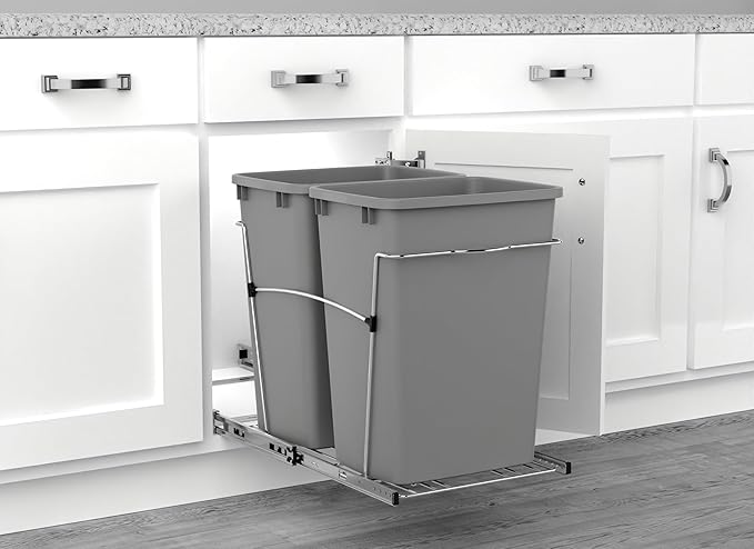 Rev-A-Shelf Double 35 Qt Pullout Trash Can for Base Kitchen Cabinets, Garbage Waste Bin System with Full-Extension Slides, Min Opening Width of 14.5", Silver, RV-18KD-17C S