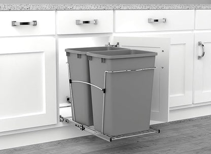 Rev-A-Shelf Double 35 Qt Pullout Trash Can for Base Kitchen Cabinets, Garbage Waste Bin System with Full-Extension Slides, Min Opening Width of 14.5", Silver, RV-18KD-17C S
