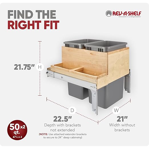 Rev-A-Shelf 50 Qt Top Mount Double Pullout Under Cabinet Kitchen Trash Cans w/Soft-Close for Full Height Cabinet, 150lb Rated Full-Extension Slides, Min Opening Width of 21", 4WCTM-2450BBSCDM-2