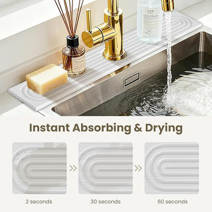 Premium Diatomite Stone Drying Mat for Kitchen Counter - Faucet Mat for Kitchen Sink, Sink Protector & Splash Guard, Quick-Dry Kitchen Sink Mat,Super Absorbent (White, 23.6" x 4")